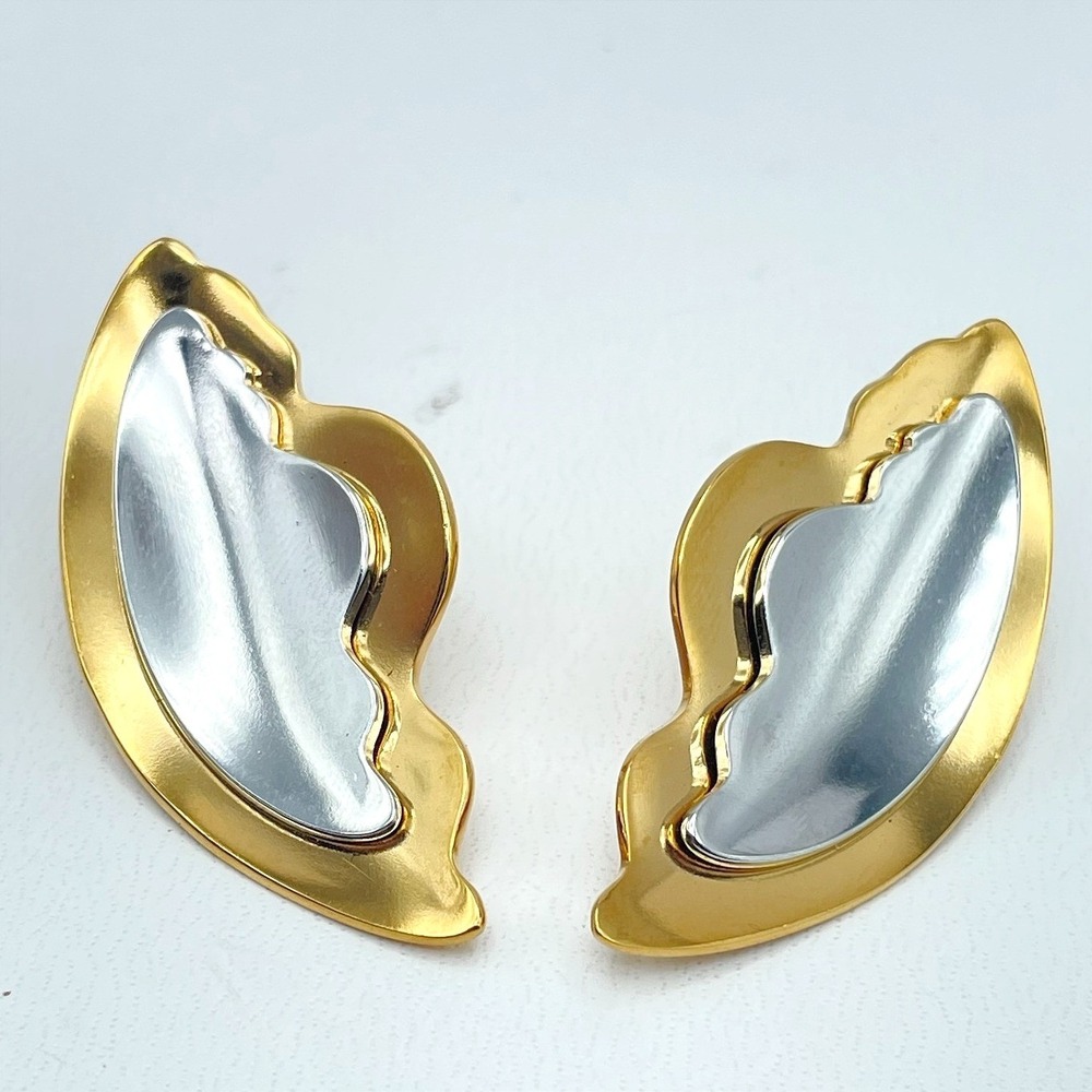 Vintage 80R Gold Tone Abstract Wave Geometric Statement Earrings Jewelry Boho